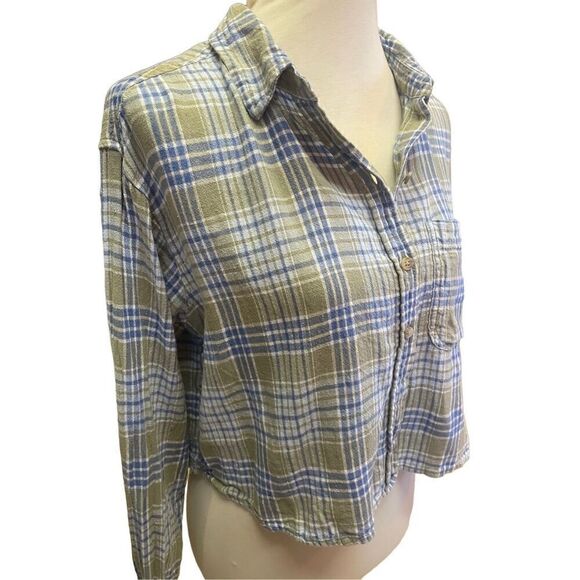 American Eagle Outfitters Blue/Green/White Plaid Long Sleeve Button Down Linen B - Picture 5 of 12